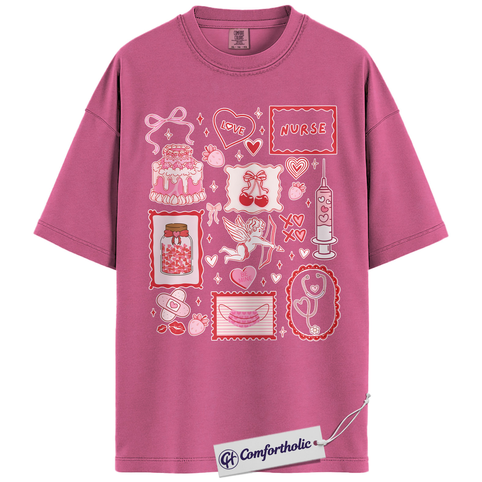 Nurse Valentine Shirt, Pink Coquette Doodle Graphic Tee, Cute Nurse Love Hearts T-Shirt, Valentine’s Day Gift for Nurses & Nursing Students, Comfort Colors Shirt - Image 16