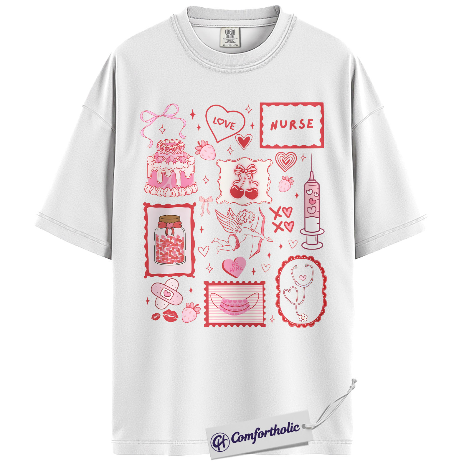 Nurse Valentine Shirt, Pink Coquette Doodle Graphic Tee, Cute Nurse Love Hearts T-Shirt, Valentine’s Day Gift for Nurses & Nursing Students, Comfort Colors Shirt - Image 2