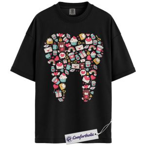 Valentine Tooth Shirt, Cute Dental Love Pattern Graphic Tee, Dentist & Dental Hygienist T-Shirt, Valentine’s Day Gift for Dental Assistants, Comfort Colors Shirt