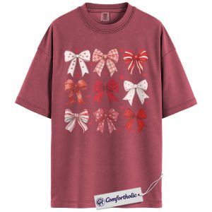 Valentine Bow Shirt, Cute Coquette Ribbon Graphic Tee, Heart Bows Aesthetic T-Shirt, Valentine’s Day Gift for Her, Comfort Colors Shirt