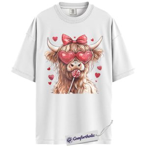 Alternative view of Highland Cow Valentine Shirt, Cute Farm Animal Heart Glasses Graphic Tee, Cow Lover T-Shirt, Valentine’s Day Gift for Cow Moms, Comfort Colors Shirt