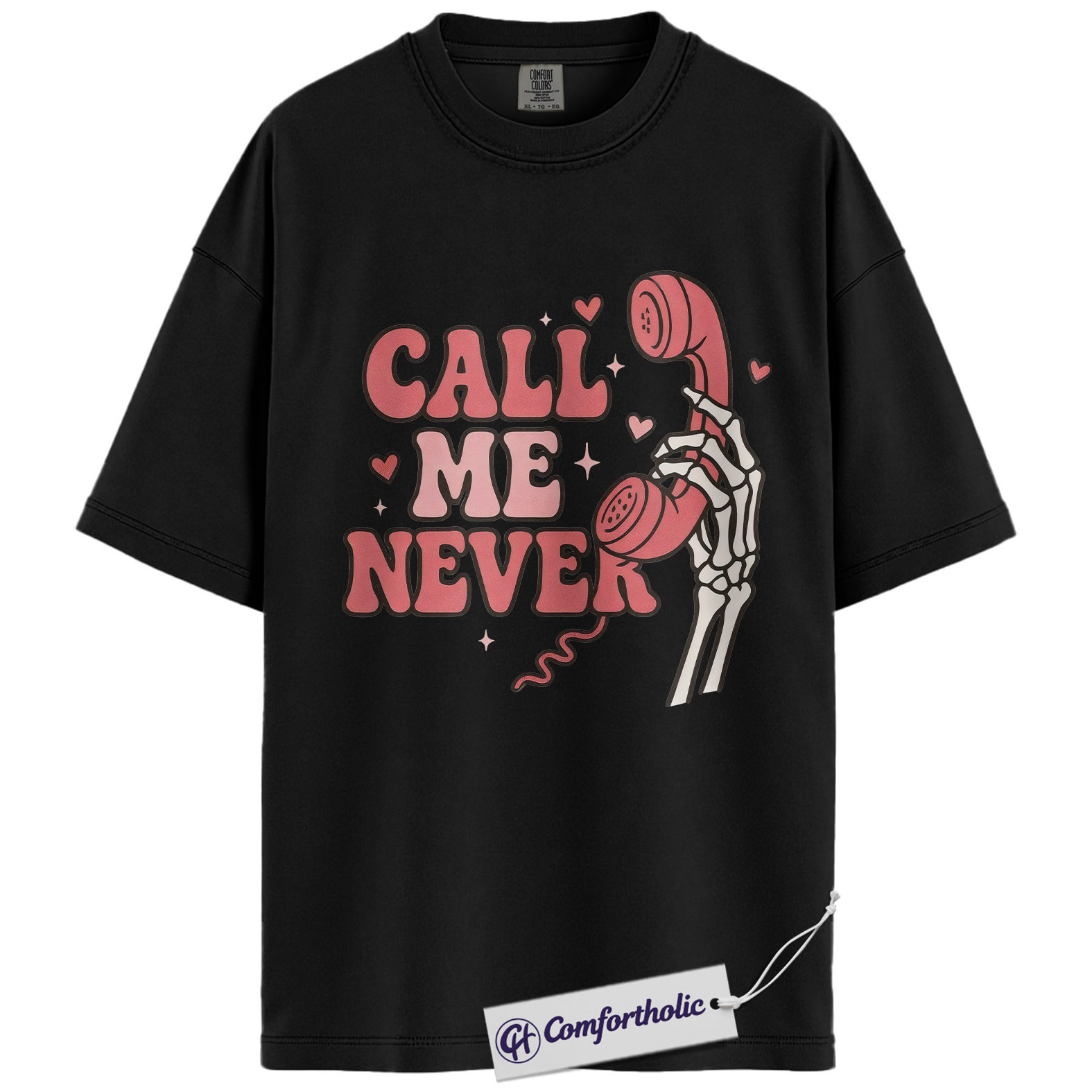Call Me Never Shirt, Funny Anti Valentine Skeleton Phone Graphic Tee, Spooky Single T-Shirt, Valentine’s Day Gift for Singles & Introverts, Comfort Colors Shirt