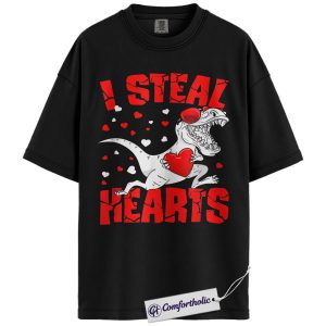 I Steal Hearts Dinosaur Shirt, Funny Valentine T-Rex Graphic Tee, Cute Dino Lover T-Shirt, Valentine’s Day Gift for Couples & Kids, Comfort Colors Shirt