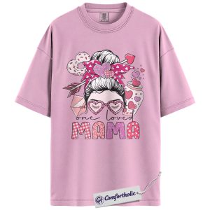 One Loved Mama Shirt, Cute Valentine Mom Graphic Tee, Pink Heart Bow Mama T-Shirt, Valentine’s Day Gift for Moms, Comfort Colors Shirt