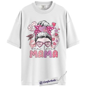 Alternative view of One Loved Mama Shirt, Cute Valentine Mom Graphic Tee, Pink Heart Bow Mama T-Shirt, Valentine’s Day Gift for Moms, Comfort Colors Shirt