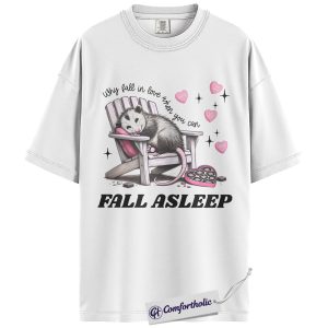 Alternative view of Fall Asleep Shirt, Funny Possum Valentine Graphic Tee, Anti Valentine’s Day T-Shirt, Gift for Introverts & Animal Lovers, Comfort Colors Shirt