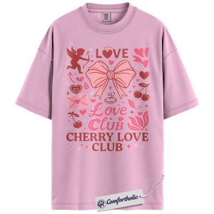 Cherry Love Club Shirt, Cute Cupid Bow Graphic Tee, Valentine’s Day Cherry T-Shirt, Gift for Girlfriend Wife, Comfort Colors Shirt