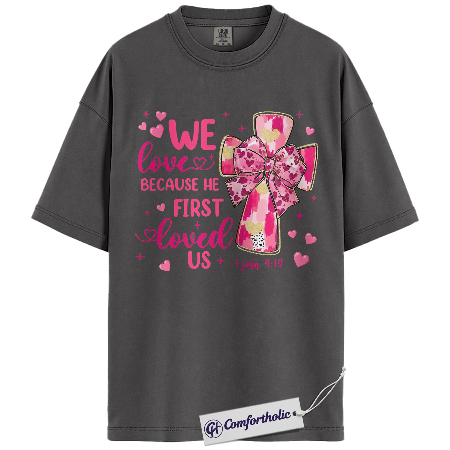 We Love Because He First Loved Us Shirt, Pink Cross Bow Christian Graphic Tee, 1 John 4:19 Bible Verse T-Shirt, Valentine’s Day Gift for Christian Women, Comfort Colors Shirt - Image 4