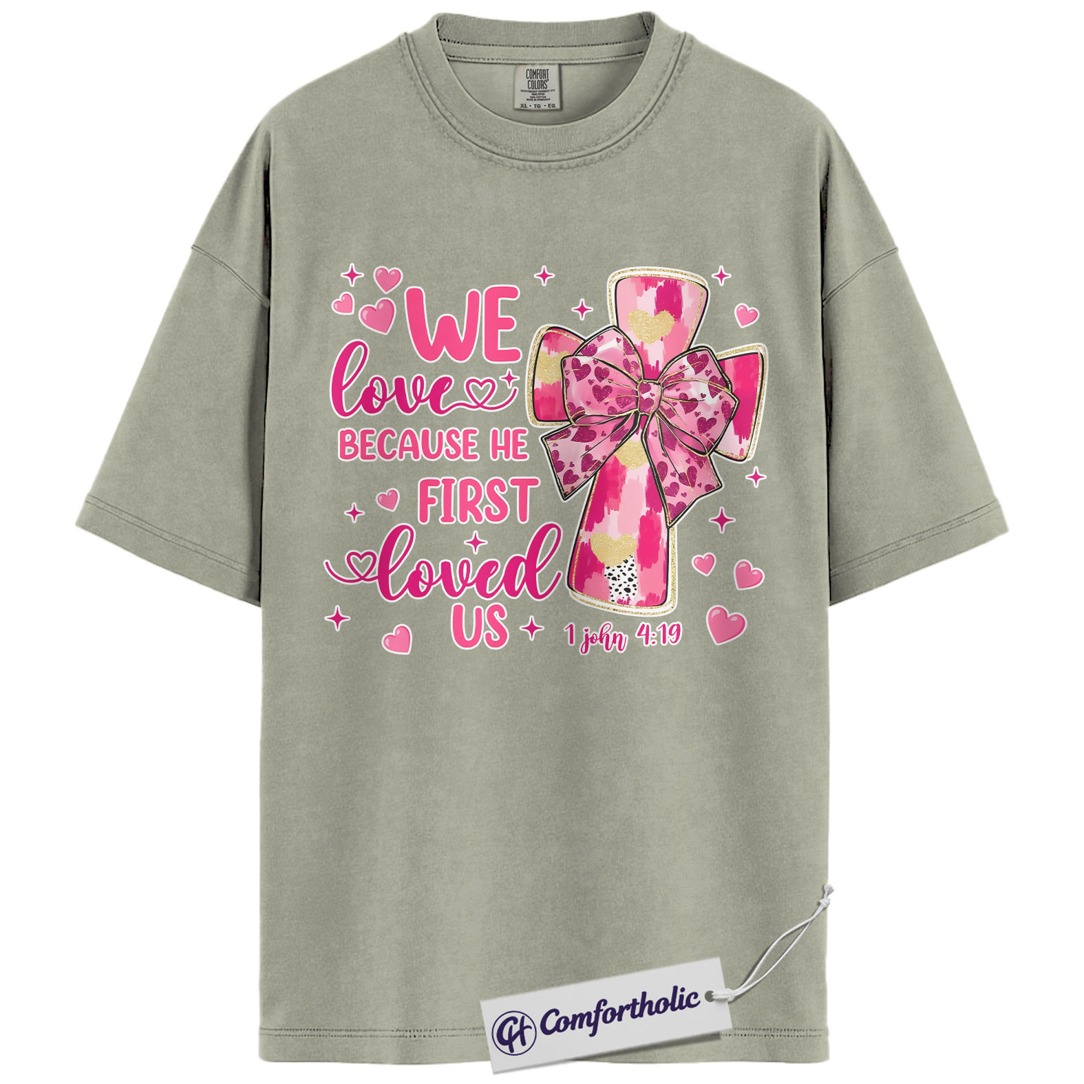 We Love Because He First Loved Us Shirt, Pink Cross Bow Christian Graphic Tee, 1 John 4:19 Bible Verse T-Shirt, Valentine’s Day Gift for Christian Women, Comfort Colors Shirt - Image 7