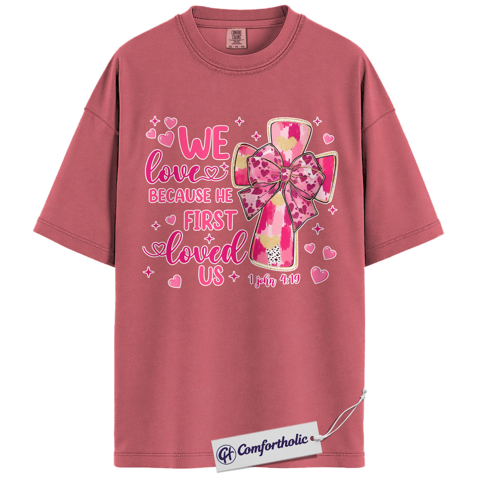 We Love Because He First Loved Us Shirt, Pink Cross Bow Christian Graphic Tee, 1 John 4:19 Bible Verse T-Shirt, Valentine’s Day Gift for Christian Women, Comfort Colors Shirt - Image 9