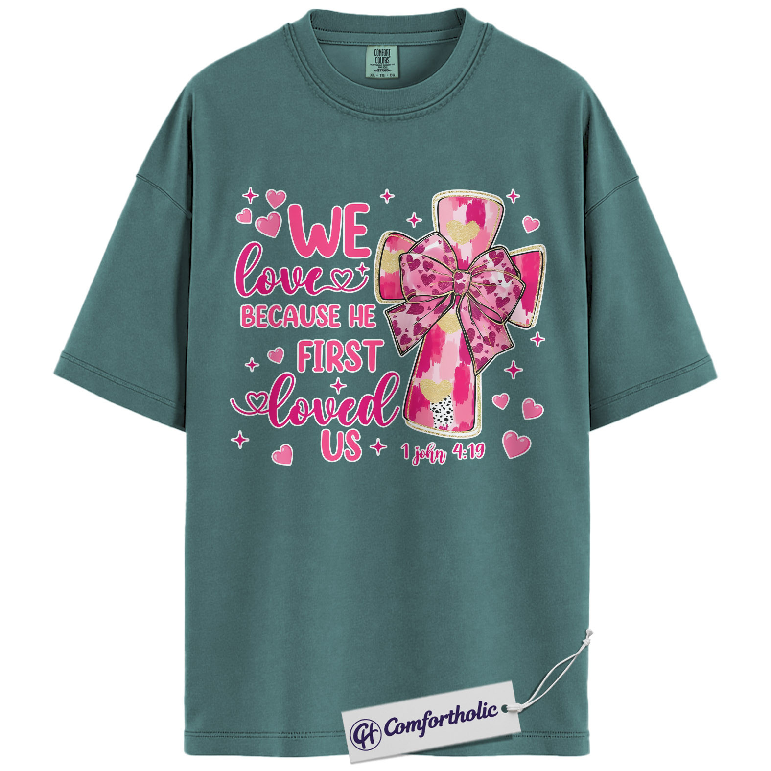 We Love Because He First Loved Us Shirt, Pink Cross Bow Christian Graphic Tee, 1 John 4:19 Bible Verse T-Shirt, Valentine’s Day Gift for Christian Women, Comfort Colors Shirt - Image 11