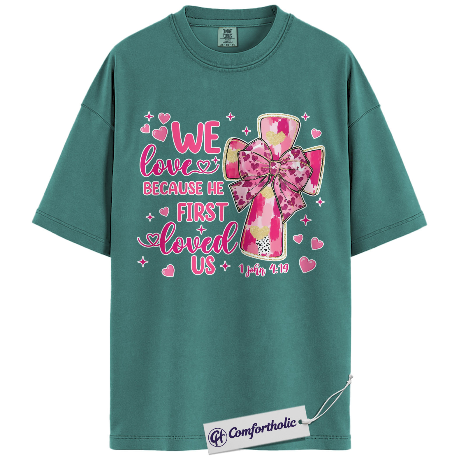 We Love Because He First Loved Us Shirt, Pink Cross Bow Christian Graphic Tee, 1 John 4:19 Bible Verse T-Shirt, Valentine’s Day Gift for Christian Women, Comfort Colors Shirt - Image 13