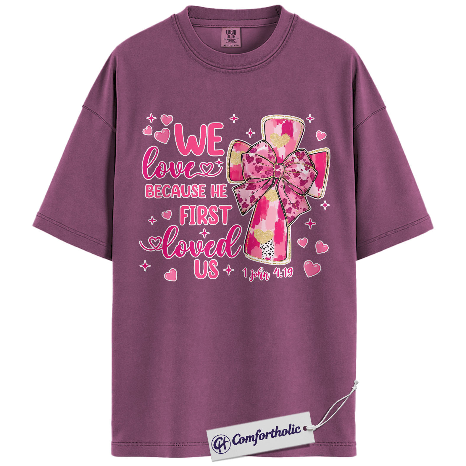 We Love Because He First Loved Us Shirt, Pink Cross Bow Christian Graphic Tee, 1 John 4:19 Bible Verse T-Shirt, Valentine’s Day Gift for Christian Women, Comfort Colors Shirt - Image 15