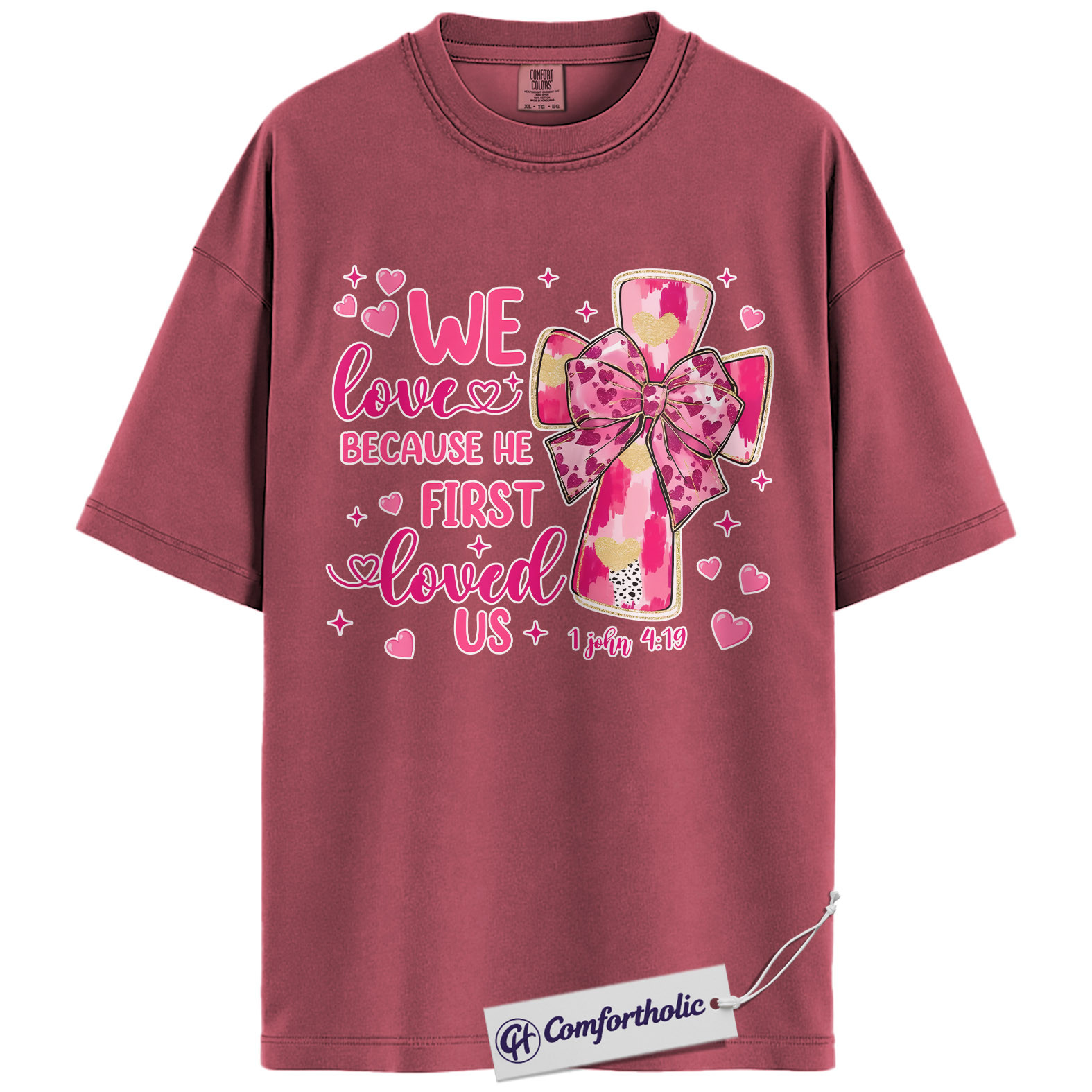 We Love Because He First Loved Us Shirt, Pink Cross Bow Christian Graphic Tee, 1 John 4:19 Bible Verse T-Shirt, Valentine’s Day Gift for Christian Women, Comfort Colors Shirt - Image 18