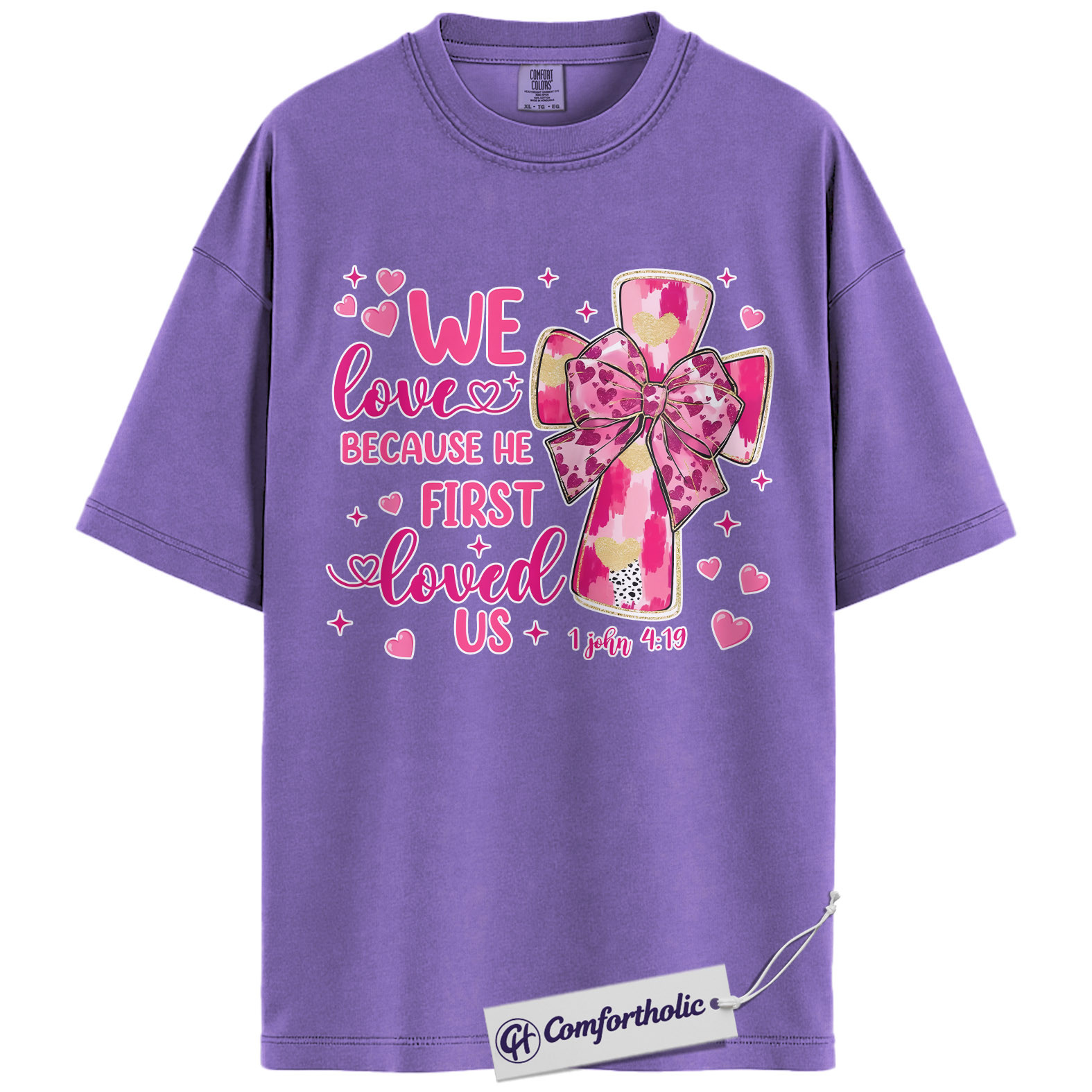 We Love Because He First Loved Us Shirt, Pink Cross Bow Christian Graphic Tee, 1 John 4:19 Bible Verse T-Shirt, Valentine’s Day Gift for Christian Women, Comfort Colors Shirt - Image 20