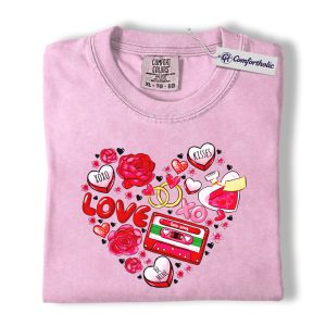 Retro Valentine Shirt, Candy Hearts & Love Cassette Graphic Tee, Cute Romantic Aesthetic T-Shirt, Valentine’s Day Gift for Girlfriend & Women, Comfort Colors Shirt