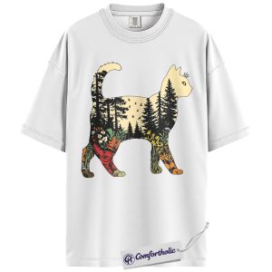 Alternative view of Cat Silhouette Shirt, Vintage Nature Forest Graphic Tee, Cute Cat Lover Outdoor T-Shirt, Gift for Cat Moms & Nature Lovers, Comfort Colors Shirt