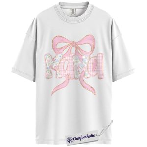 Alternative view of Mama Bow Shirt, Coquette Patchwork Graphic Tee, Cute Mom T-Shirt, Mother’s Day Gift for Moms, Comfort Colors Shirt