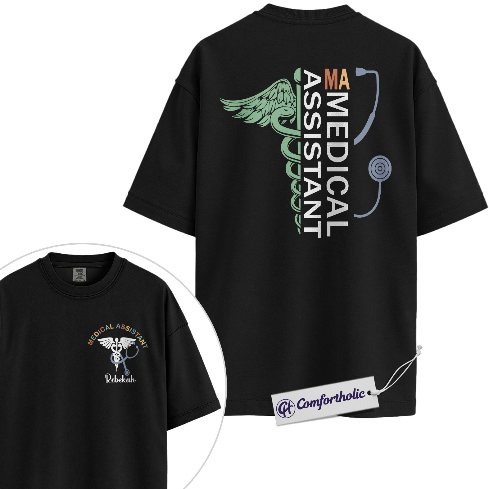 Personalized Medical Assistant Shirt, Custom Name Caduceus Graphic Tee, MA Graduation T-Shirt, Gift for Medical Assistants, Comfort Colors Shirt