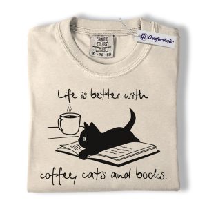 Coffee Cat Book Lover Shirt, Minimalist Reading Graphic Tee, Bookworm & Cat Mom T-Shirt, Gift for Book Lovers, Cat Lovers & Coffee Addicts, Comfort Colors Shirt