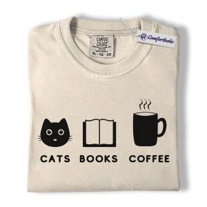 Cats Books Coffee Shirt, Minimalist Icon Graphic Tee, Book Lover Cat Mom T-Shirt, Gift for Cat Lovers & Coffee Addicts, Comfort Colors Shirt