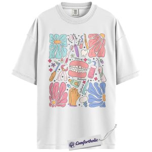 Alternative view of Dentist Shirt, Cute Dental Icons Graphic Tee, Dental Assistant Aesthetic T-Shirt, Pastel Tooth Gift for Dental Hygienists, Comfort Colors Shirt