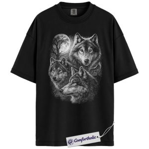 Wolf Pack Shirt, Vintage Three Wolves Graphic Tee, Moon & Wildlife Aesthetic T-Shirt, Nature Lover Gift for Animal Fans, Comfort Colors Shirt