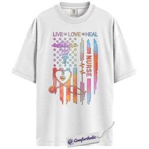 Alternative view of Live Love Heal Nurse Shirt, Rainbow Medical Pride Graphic Tee, Heartbeat Stethoscope T-Shirt, Cute Healthcare Worker Gift for Nurses, Comfort Colors Shirt