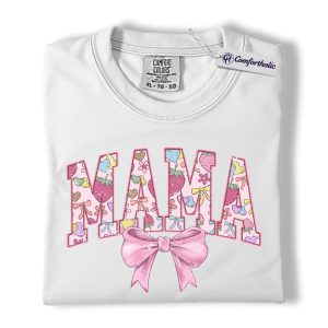 Alternative view of Valentine Mama Shirt, Cute Bow & Heart Pattern Graphic Tee, Girly Aesthetic Mom T-Shirt, Sweet Valentine Gift for Moms, Comfort Colors Shirt
