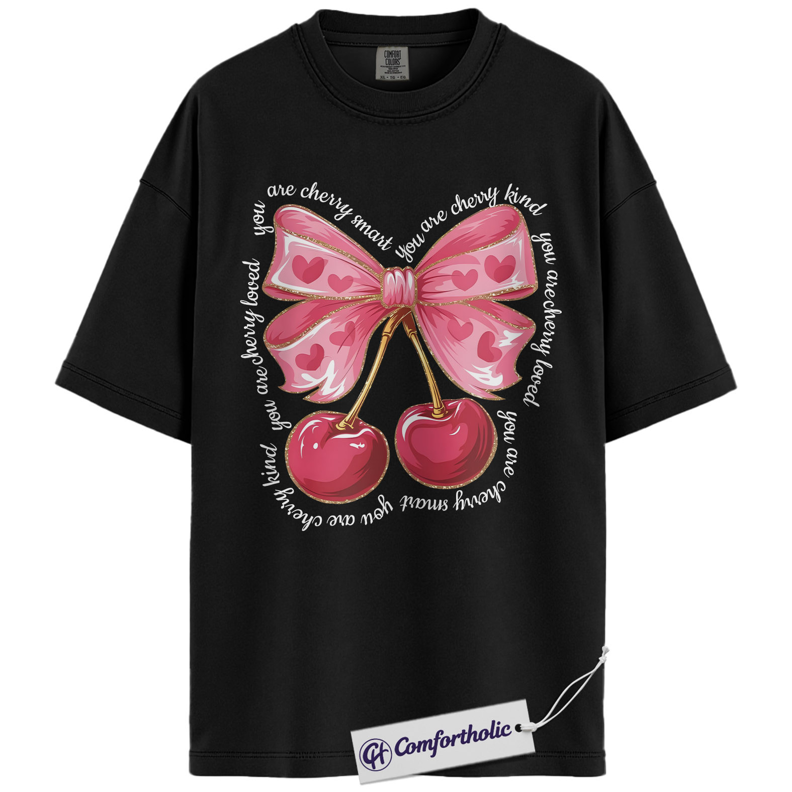 Cherry Valentine Shirt, Cute Coquette Bow Graphic Tee, Sweet Pink Aesthetic T-Shirt, Heart Cherry Lover Top, Valentine’s Day Gift for Her, Comfort Colors Shirt - Image 3