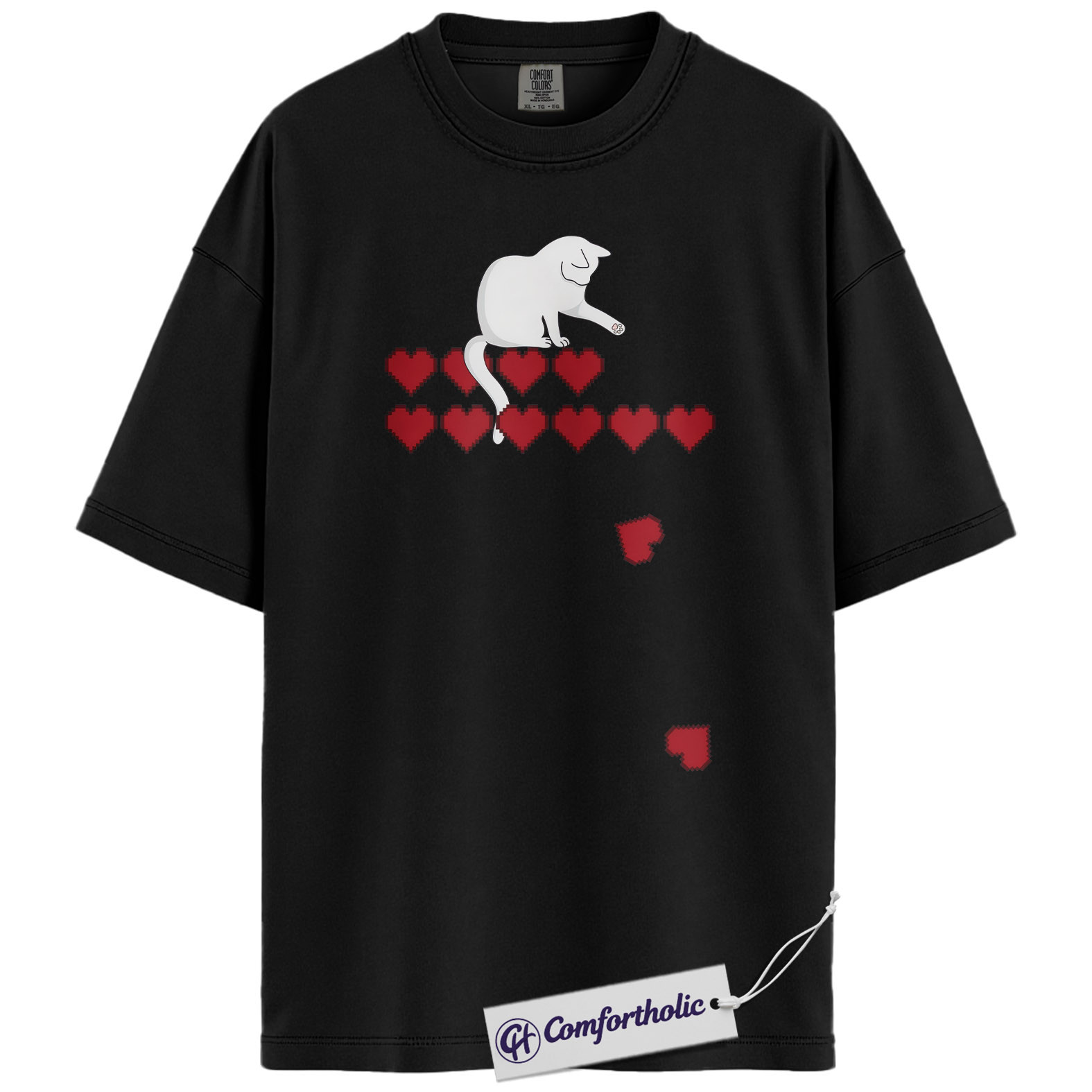 Pixel Heart Cat Shirt, Cute Gamer Cat Graphic Tee, Retro Valentine T-Shirt, Funny Cat Lover Gift, Comfort Colors Shirt