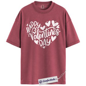 Happy Valentine’s Day Shirt, Cute Valentine Typography Graphic Tee, Heart Lettering T-Shirt, Valentine’s Day Outfit & Gift for Women, Comfort Colors Shirt