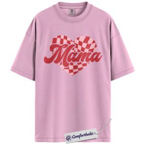 Mama Valentine Shirt, Retro Checkered Heart Graphic Tee, Cute Mom Life T-Shirt, Sweet Valentine’s Day Gift for Moms, Comfort Colors Shirt