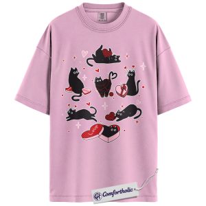 Valentine Black Cat Shirt, Cute Cartoon Kitty Lover Graphic Tee, Playful Pet Lover Love T-Shirt, Sweet Gift for Cat Moms, Comfort Colors Shirt