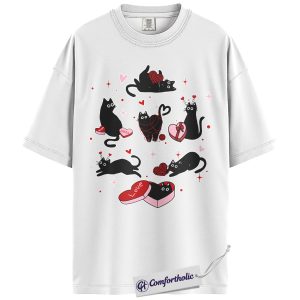 Alternative view of Valentine Black Cat Shirt, Cute Cartoon Kitty Lover Graphic Tee, Playful Pet Lover Love T-Shirt, Sweet Gift for Cat Moms, Comfort Colors Shirt