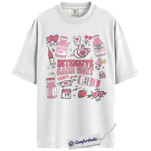 Alternative view of ICU Valentine Nurse Shirt, Cute Medical Doodle Graphic Tee, Critical Care & Healthcare Worker Love T-Shirt, Sweet Gift for ICU Nurses, Comfort Colors Shirt