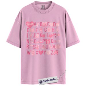 Valentine Alphabet Shirt, Cute A–Z Pink Graphic Tee, Classroom Teacher Valentine T-Shirt, Sweet Gift for Teachers & Students, Comfort Colors Shirt