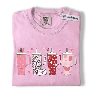 Valentine Tumbler Lover Shirt, Cute Pink Heart Stanley Cup Graphic Tee, Aesthetic Drink Print T-Shirt, Sweet Valentine Gift for Women, Comfort Colors Shirt