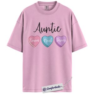 Personalized Auntie Valentine Shirt with Kids’ Names, Heart Graphic Tee, Family T-Shirt, Custom Gift for Aunt, Comfort Colors Shirt