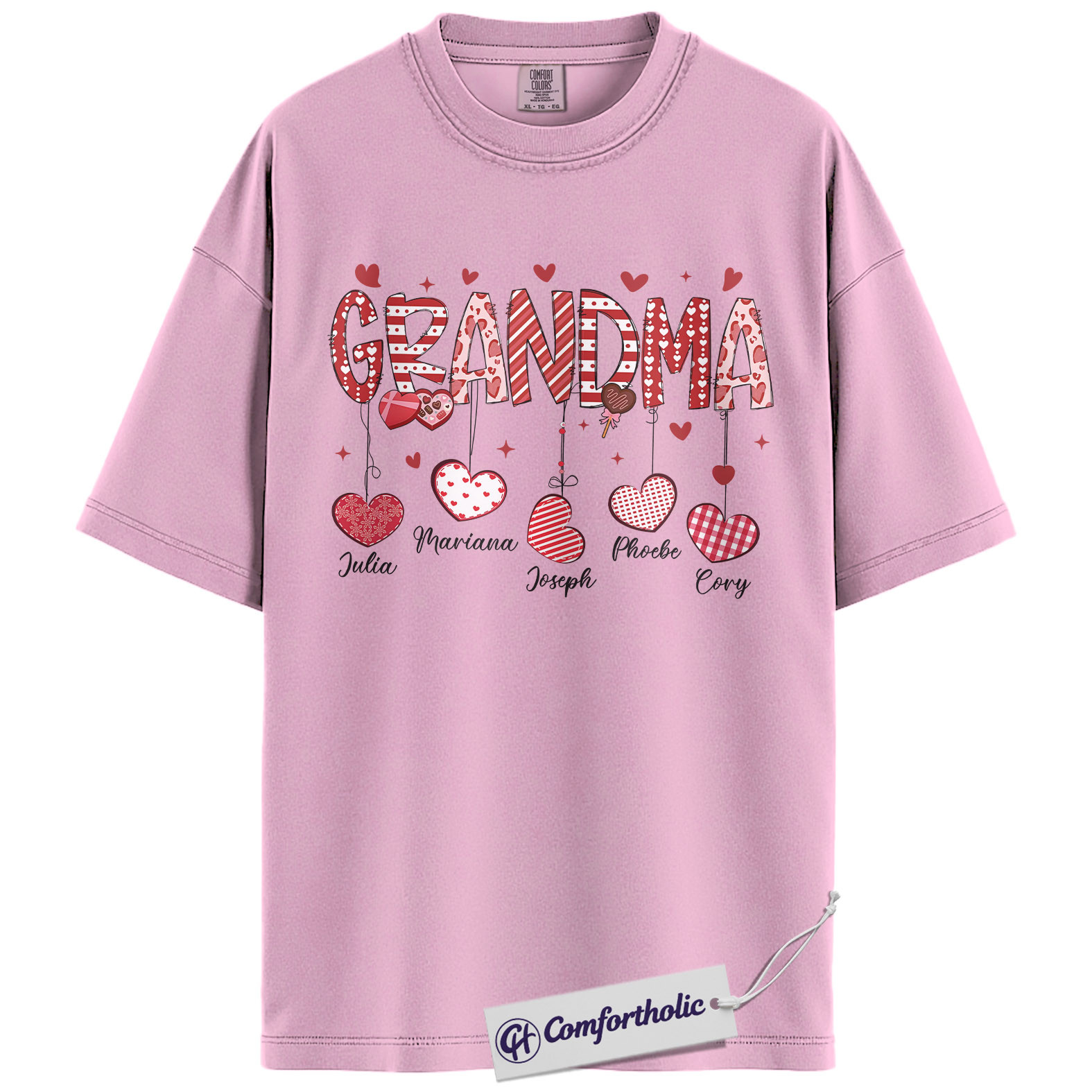 Personalized Grandma Valentine Shirt, Custom Heart Graphic Tee with Grandkids’ Names, Family T-Shirt, Gift for Grandma, Comfort Colors Shirt
