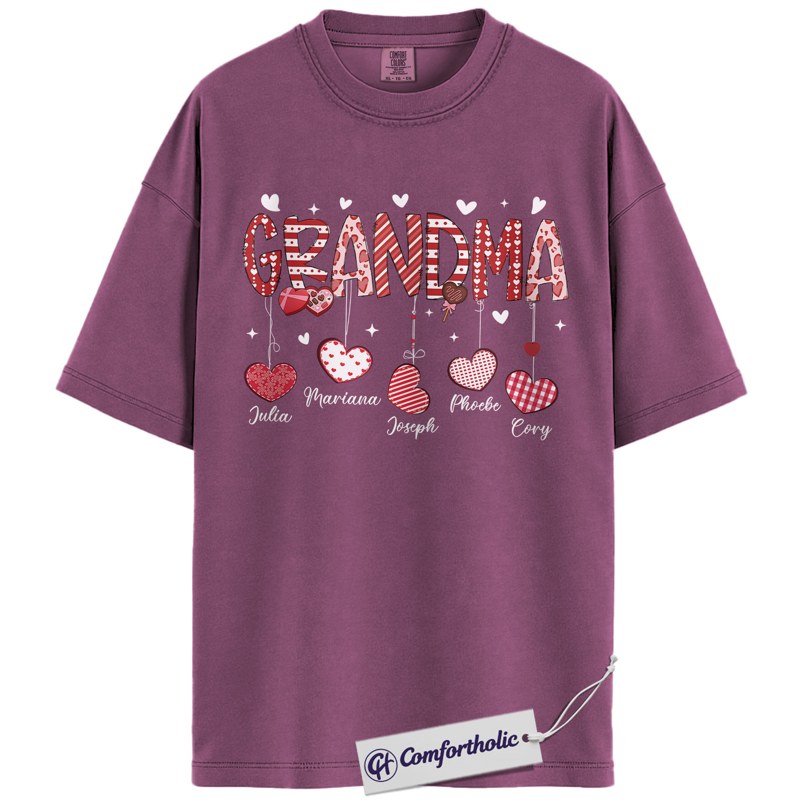 Personalized Grandma Valentine Shirt, Custom Heart Graphic Tee with Grandkids’ Names, Family T-Shirt, Gift for Grandma, Comfort Colors Shirt - Image 15