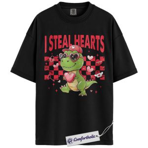 I Steal Hearts Shirt, Cute Valentine Dinosaur Graphic Tee, Funny Love Dino T-Shirt, Valentine's Day Gift, Comfort Colors Shirt