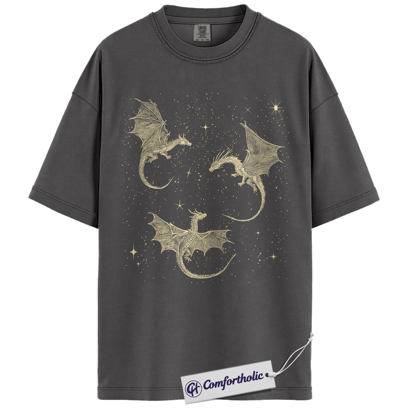 Celestial Dragon Shirt, Fantasy Gold Line Art Graphic Tee, Mythical Dragon Aesthetic T-Shirt, Gift for Fantasy Lovers & Bookish Readers, Comfort Colors Shirt - Image 3