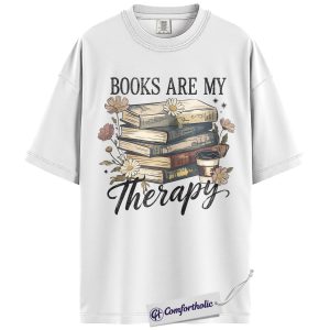 Alternative view of Books Are My Therapy Shirt, Floral Book Stack Graphic Tee, Book Lover Reader T-Shirt, Gift for Bookworms & Librarians, Comfort Colors Shirt