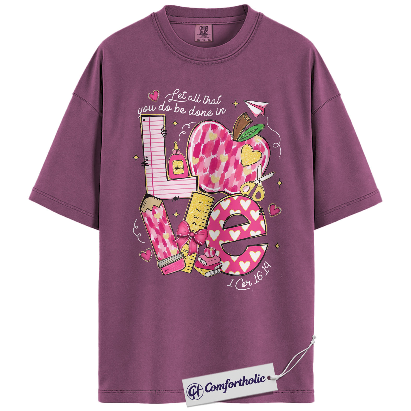 Christian Love Shirt, Pink Hearts Teacher Graphic Tee, 1 Corinthians 16:14 T-Shirt, Valentine Gift for Teachers, Comfort Colors Shirt - Image 15