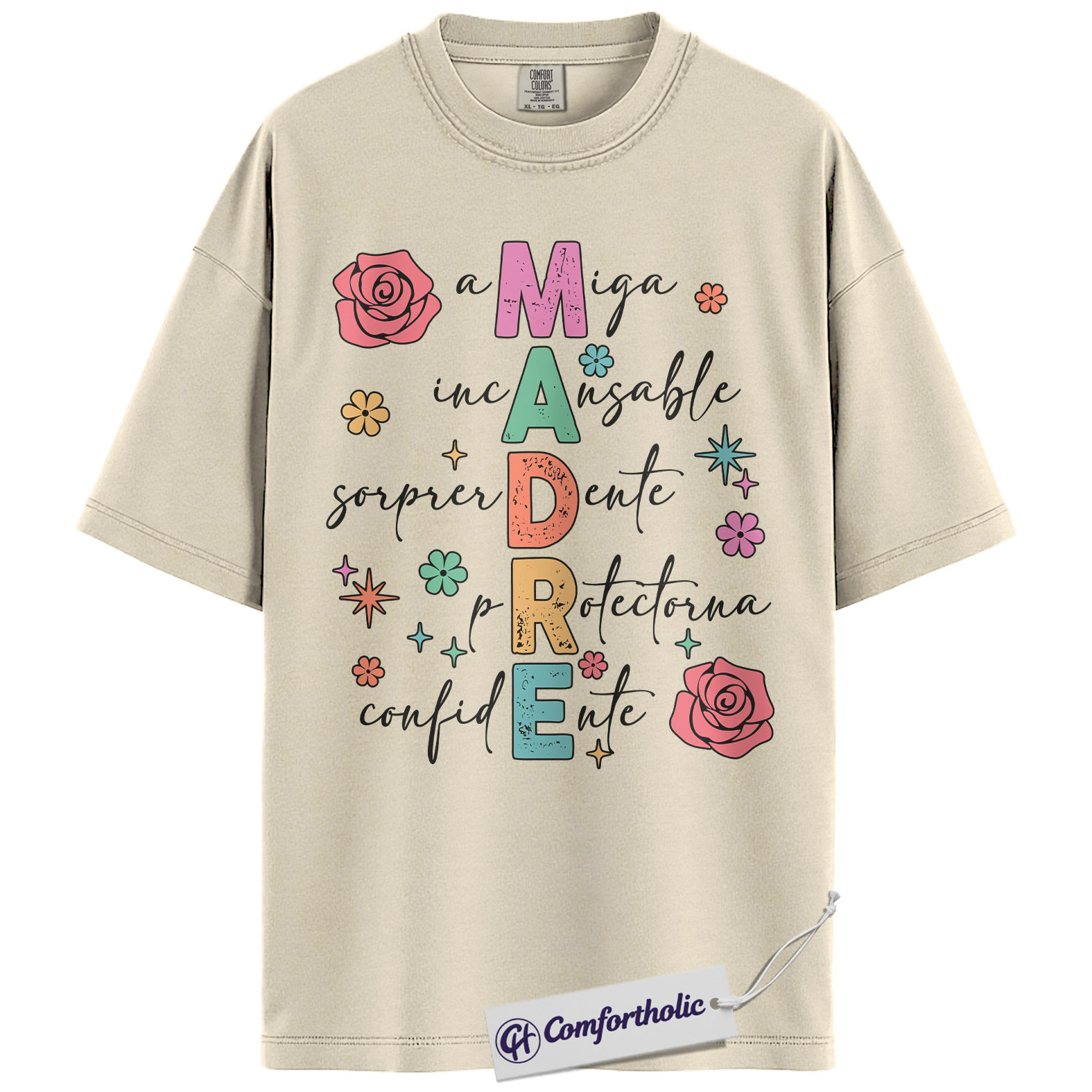Madre Spanish Mom Shirt, Cute Floral Typography Graphic Tee, Latina Mama T-Shirt, Funny Mother’s Day Gift for Mom Abuela, Comfort Colors Shirt
