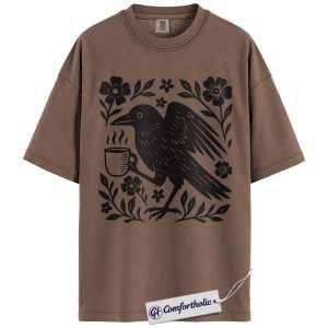 Coffee Crow Shirt, Folk Art Raven Graphic Tee, Witchy Coffee Lover T-Shirt, Cute Gift for Gothic Bird Lovers, Comfort Colors Shirt