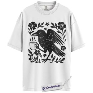 Alternative view of Coffee Crow Shirt, Folk Art Raven Graphic Tee, Witchy Coffee Lover T-Shirt, Cute Gift for Gothic Bird Lovers, Comfort Colors Shirt