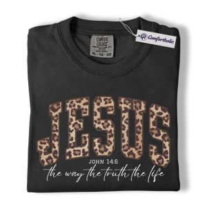 Jesus Leopard Print Shirt, Christian Faith Graphic Tee, John 14:6 Bible Verse T-Shirt, Gift for Christians & Church Lovers, Comfort Colors Shirt