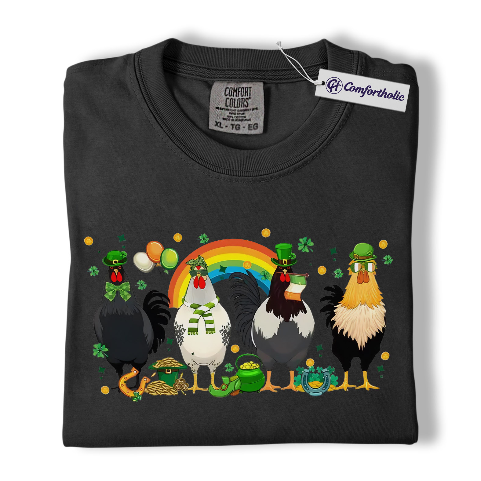St Patrick’s Day Chicken Shirt, Funny Farm Animal Rooster Graphic Tee, Lucky Shamrock Rainbow T-Shirt, St Patricks Day Gift for Chicken Lovers, Comfort Colors Shirt - Image 3